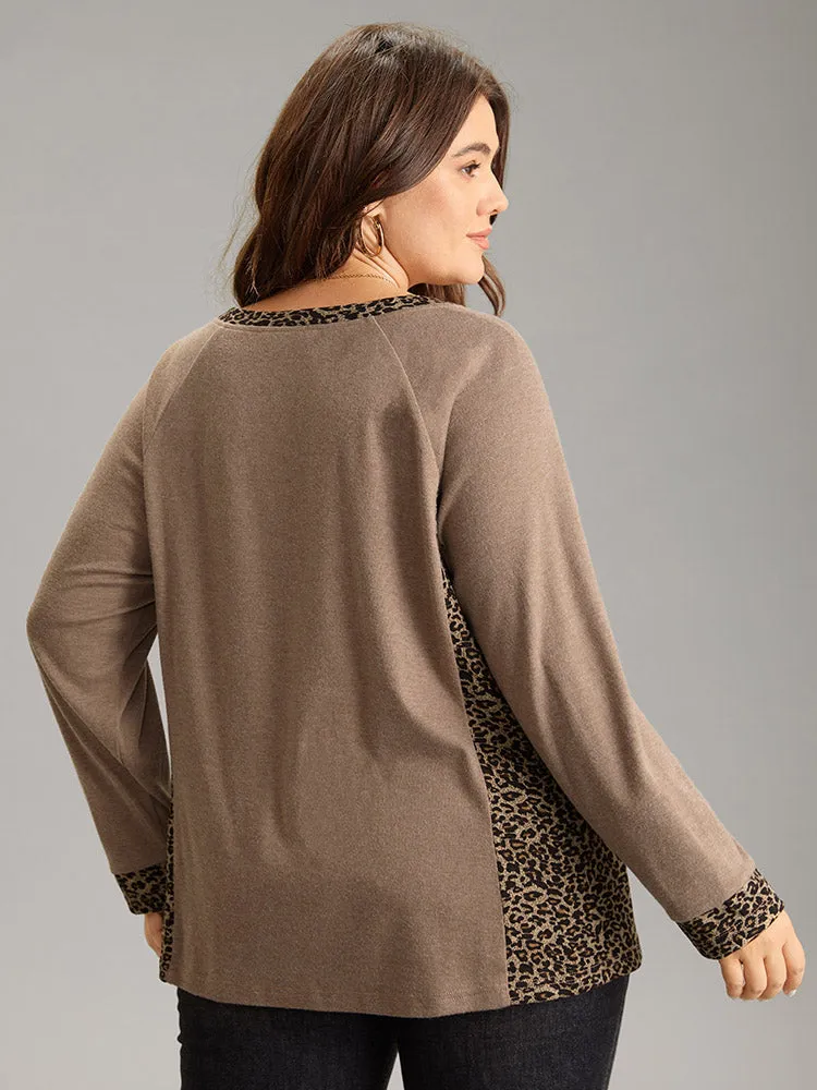 Leopard Patchwork V Neck Raglan Sleeve T-shirt sold by Bloomchic product image thumbnail 2