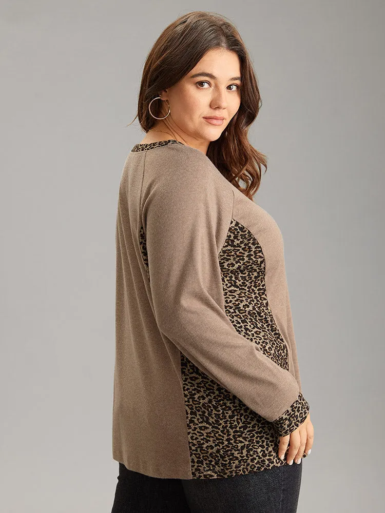 Leopard Patchwork V Neck Raglan Sleeve T-shirt sold by Bloomchic product image thumbnail 3