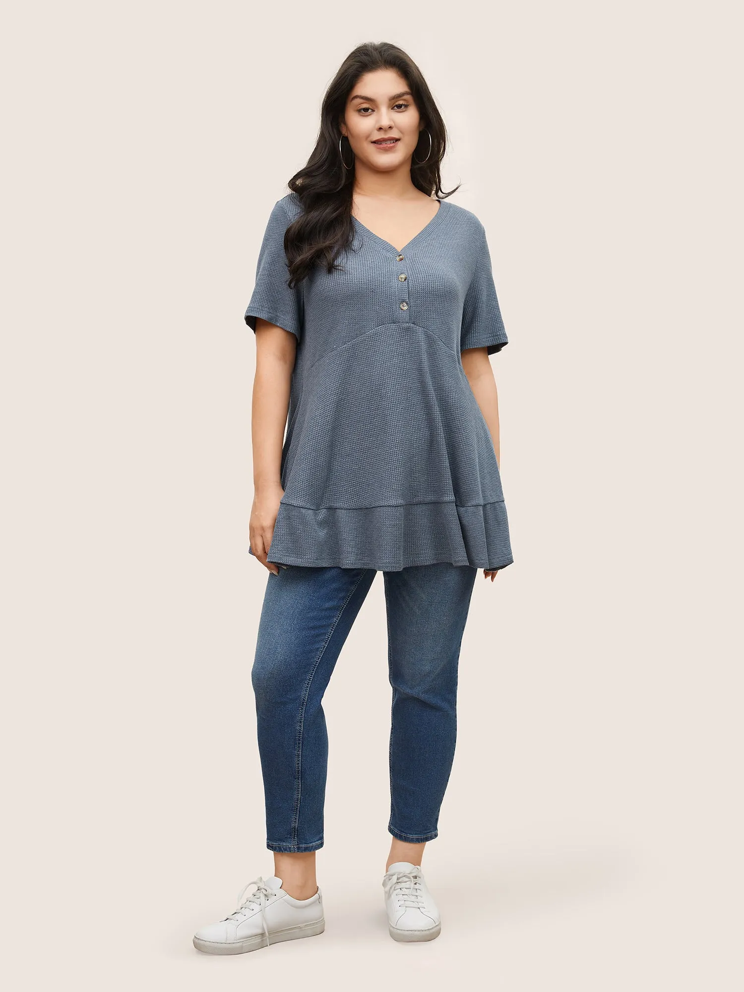 Waffle Knit Patchwork Ruffle Hem Tunic T-shirt sold by Bloomchic product image thumbnail 3