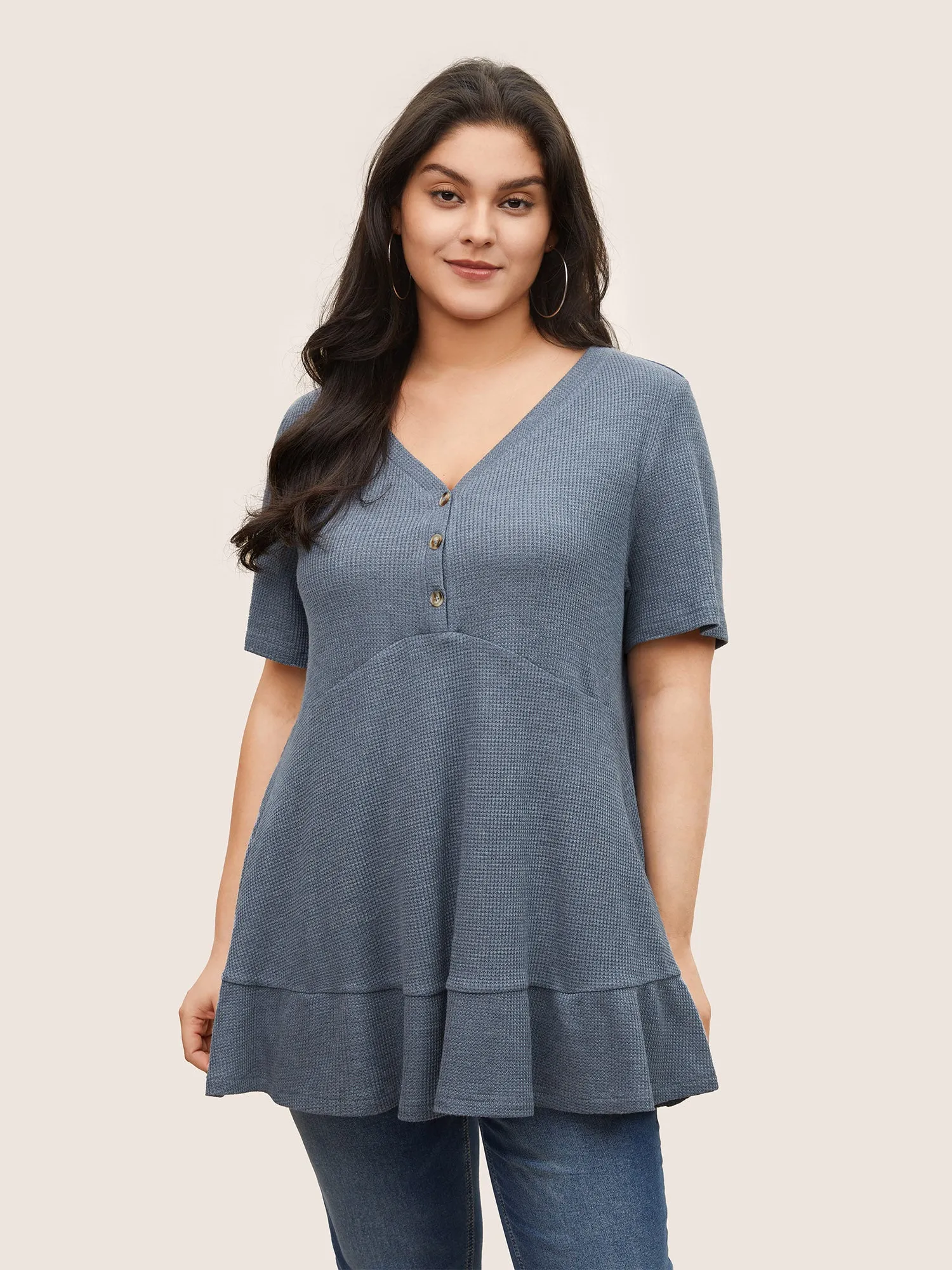 Waffle Knit Patchwork Ruffle Hem Tunic T-shirt sold by Bloomchic