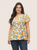 Citrus Square Neck Orange Print Pleated Blouse sold by Bloomchic