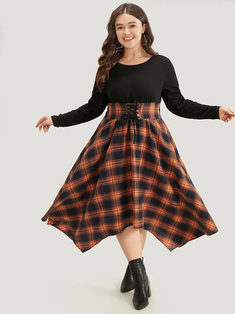 Halloween Plaid Lace Up Pocket Asymmetrical Hem Dress sold by Bloomchic