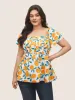 Citrus Square Neck Orange Print Pleated Blouse sold by Bloomchic