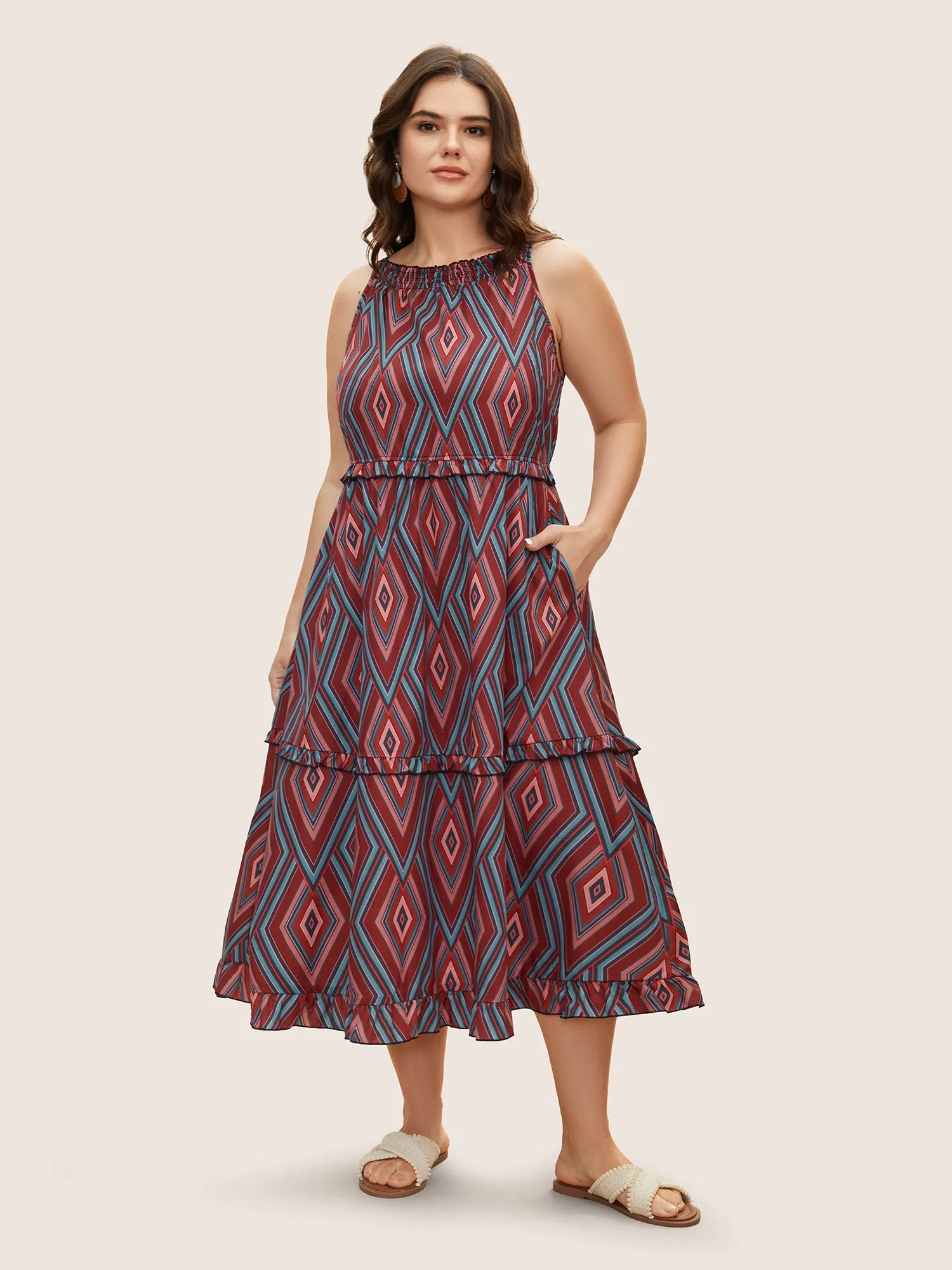 Geometric Frill Trim Ruffle Layered Hem Dress sold by Bloomchic