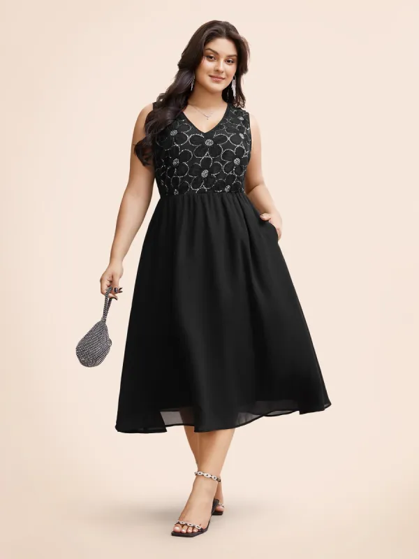 V Neck Sequin Floral Patchwork Dress sold by Bloomchic
