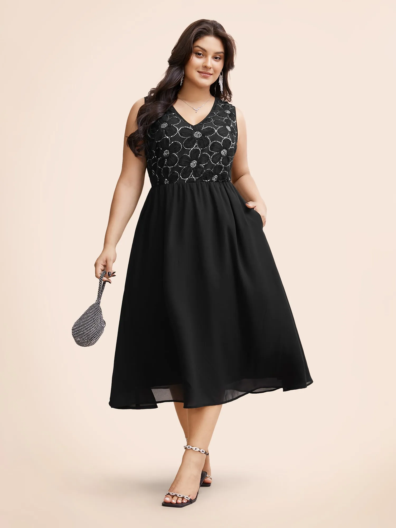 V Neck Sequin Floral Patchwork Dress sold by Bloomchic