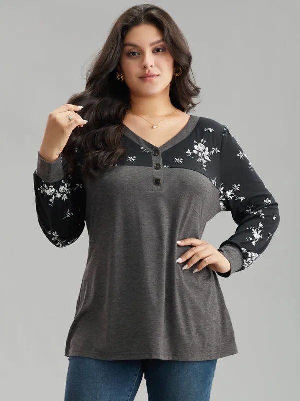 Floral Print Patchwork Button Up T-shirt sold by Bloomchic