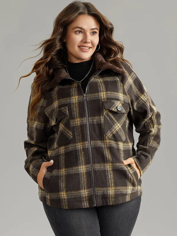 Plaid Patchwork Fuzzy Trim Zipper Fly Coat sold by Bloomchic