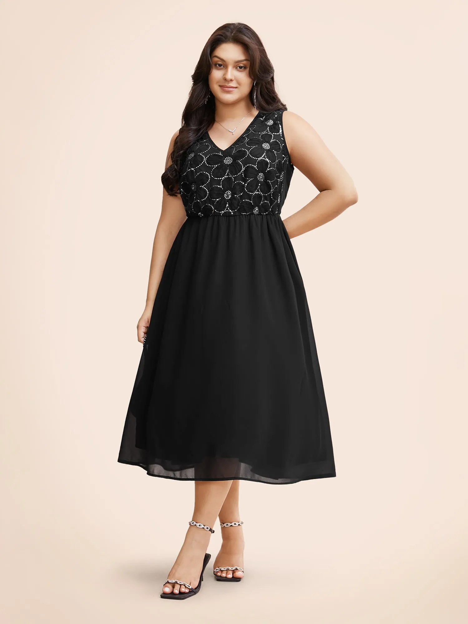 V Neck Sequin Floral Patchwork Dress sold by Bloomchic product image thumbnail 2