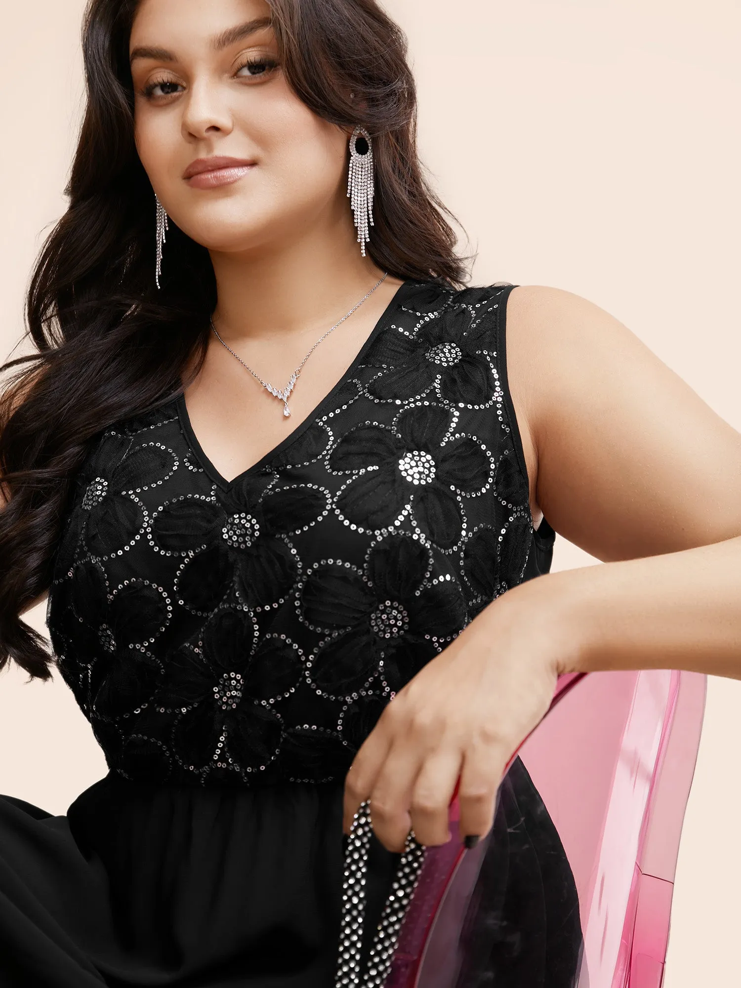 V Neck Sequin Floral Patchwork Dress sold by Bloomchic product image thumbnail 4