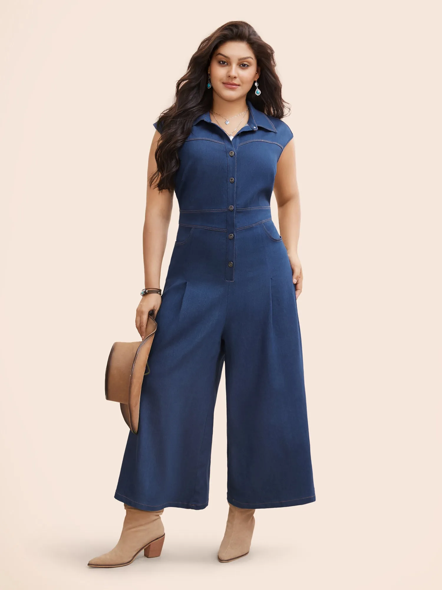 Stretch Denim Seamed Flare Jumpsuit sold by Bloomchic product image thumbnail 5
