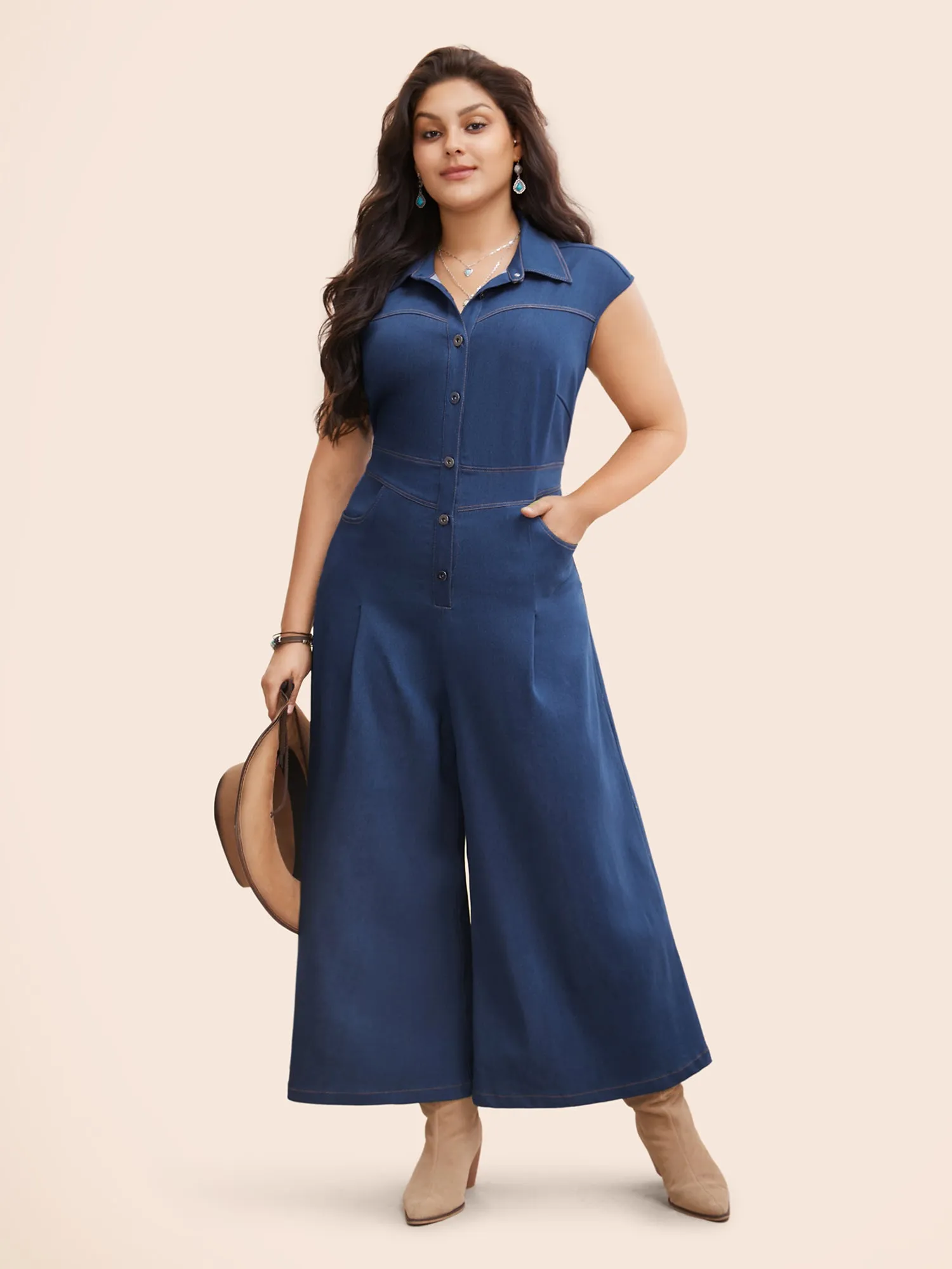 Stretch Denim Seamed Flare Jumpsuit sold by Bloomchic