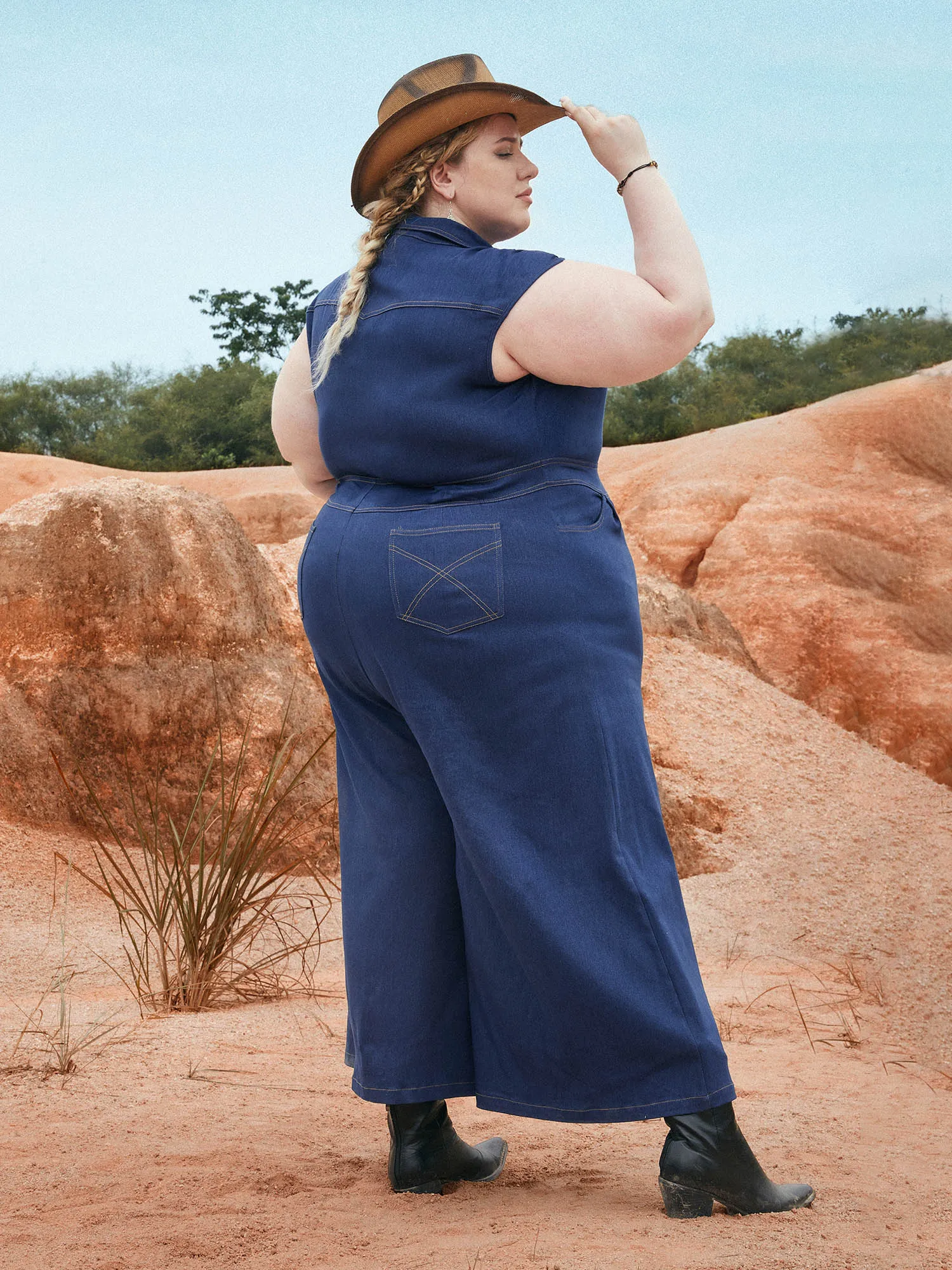 Stretch Denim Seamed Flare Jumpsuit sold by Bloomchic product image thumbnail 3