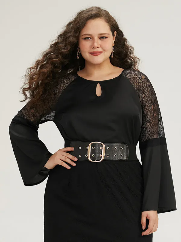 Halloween Crochet Lace Mesh Keyhole Bell Sleeve  Woven Blouse sold by Bloomchic