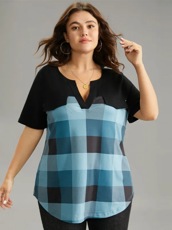 Plaid Patchwork Contrast Notched Arc Hem T-shirt sold by Bloomchic