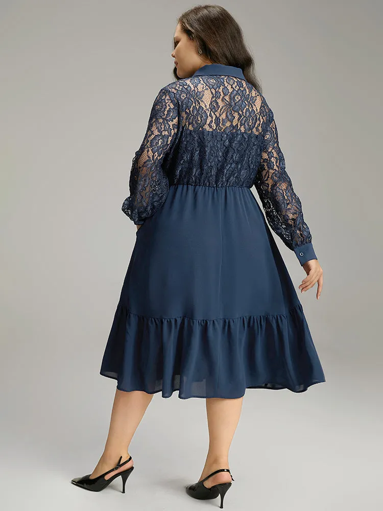 Contrast Lace Shirt Collar Ruffle Hem Dress sold by Bloomchic product image thumbnail 4
