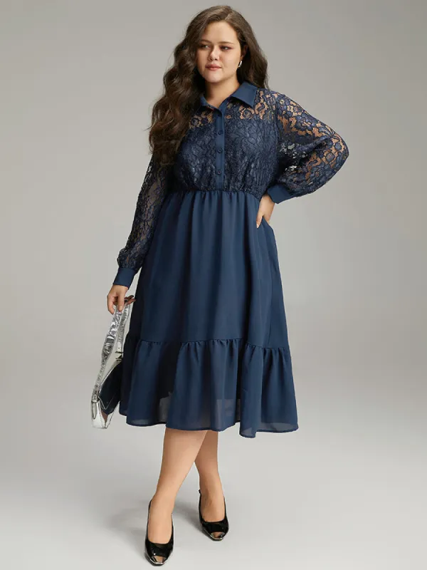 Contrast Lace Shirt Collar Ruffle Hem Dress sold by Bloomchic