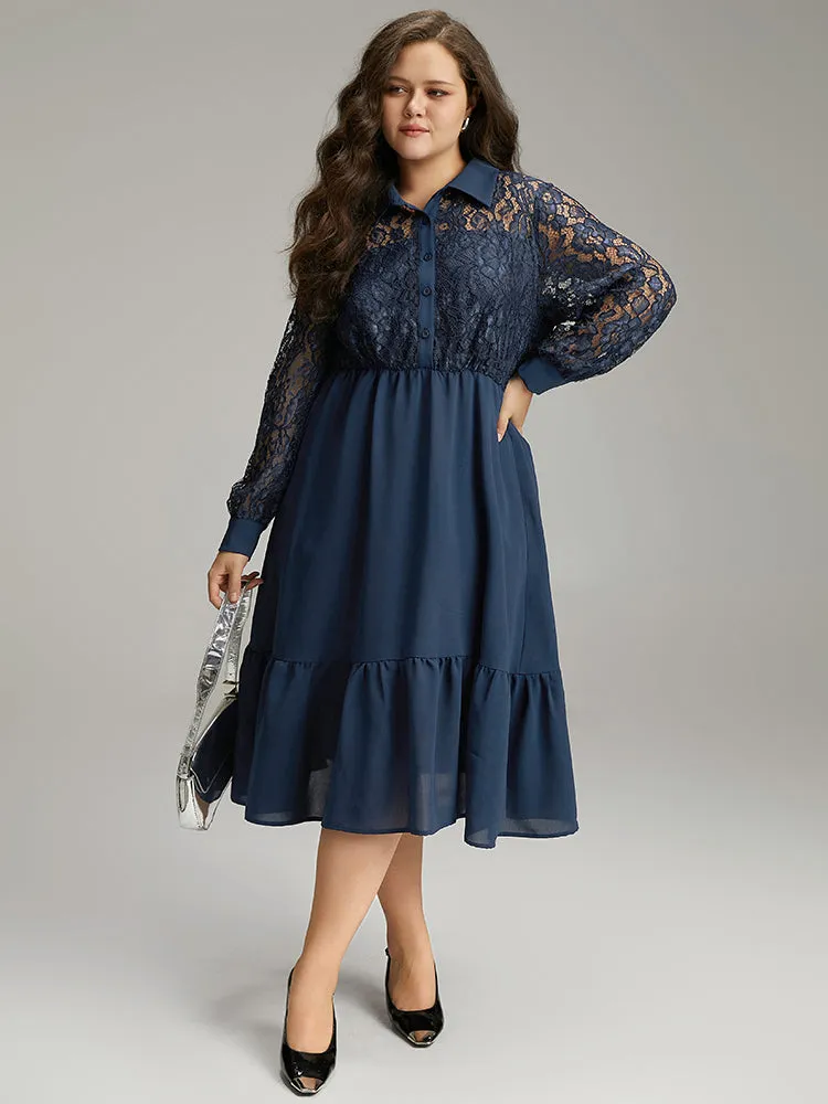 Contrast Lace Shirt Collar Ruffle Hem Dress sold by Bloomchic
