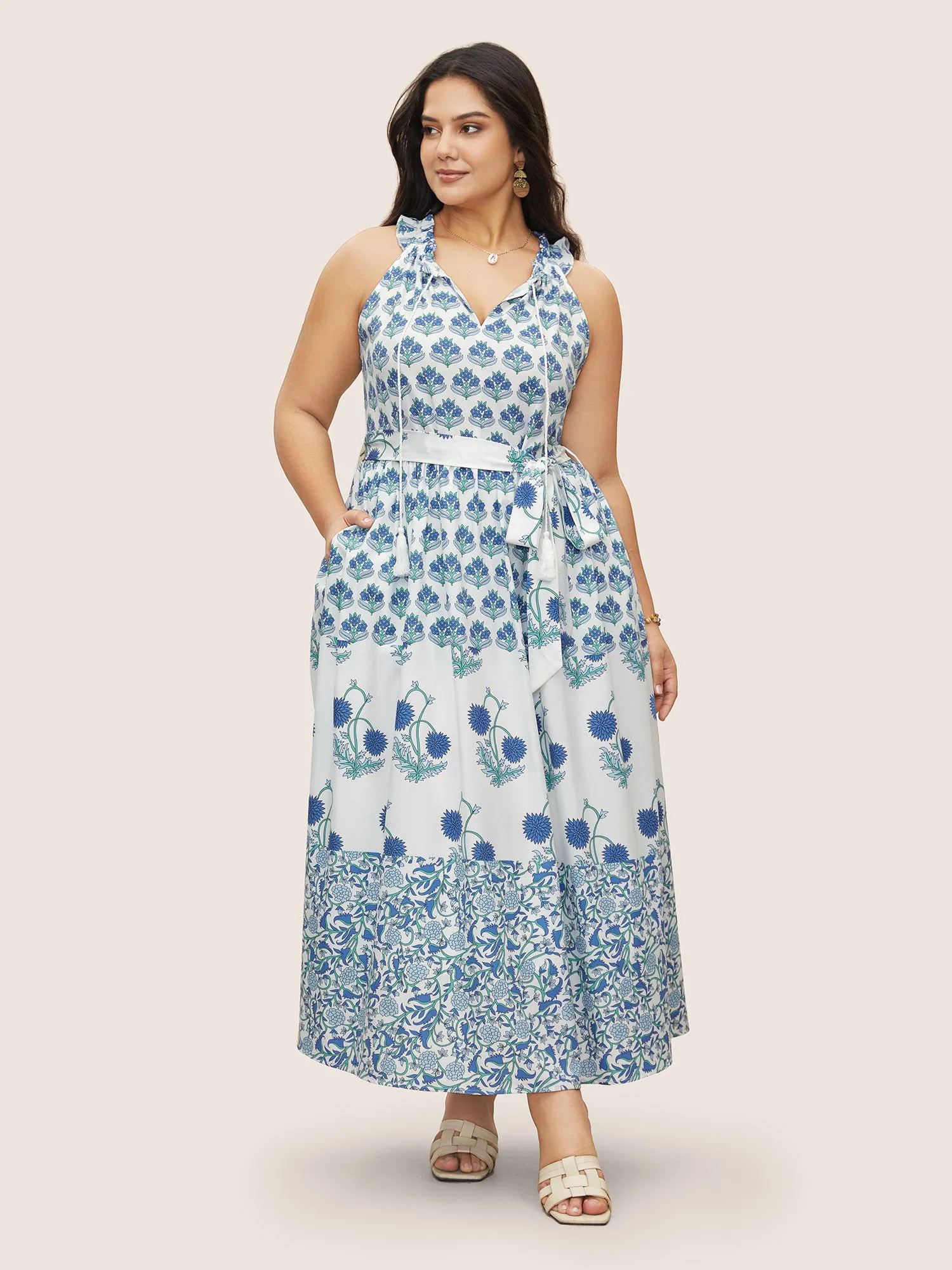 Boho Print Notched Collar Tassel Sleeveless Dress sold by Bloomchic