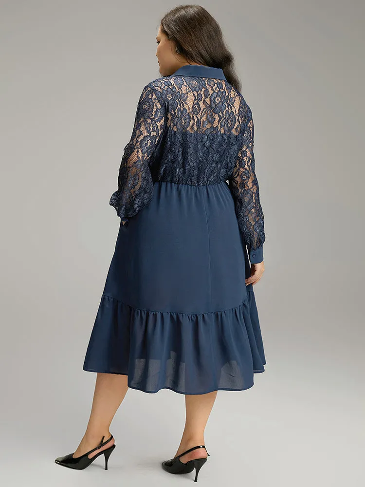 Contrast Lace Shirt Collar Ruffle Hem Dress sold by Bloomchic product image thumbnail 5