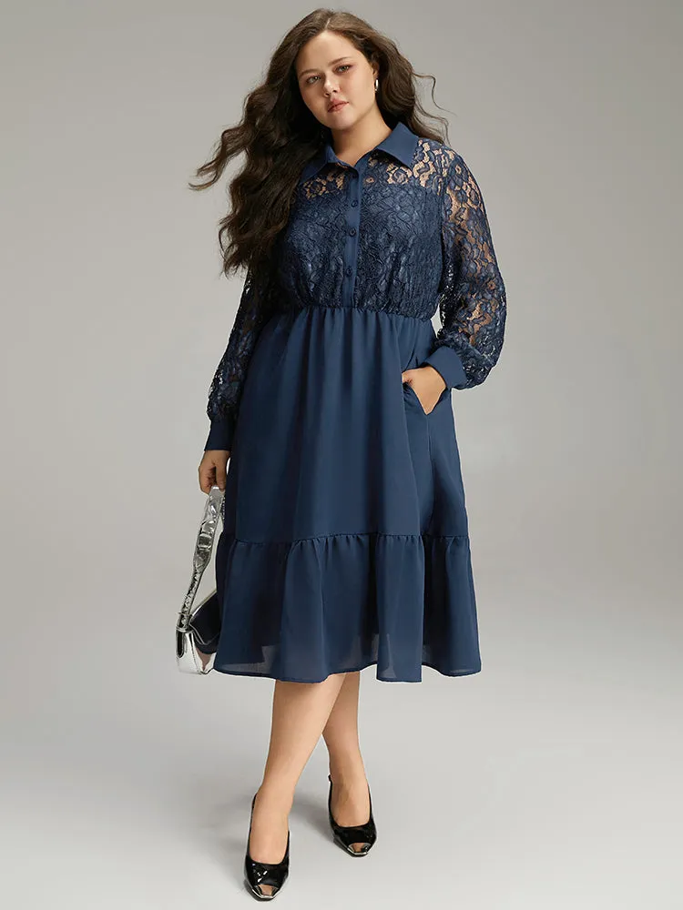 Contrast Lace Shirt Collar Ruffle Hem Dress sold by Bloomchic product image thumbnail 2