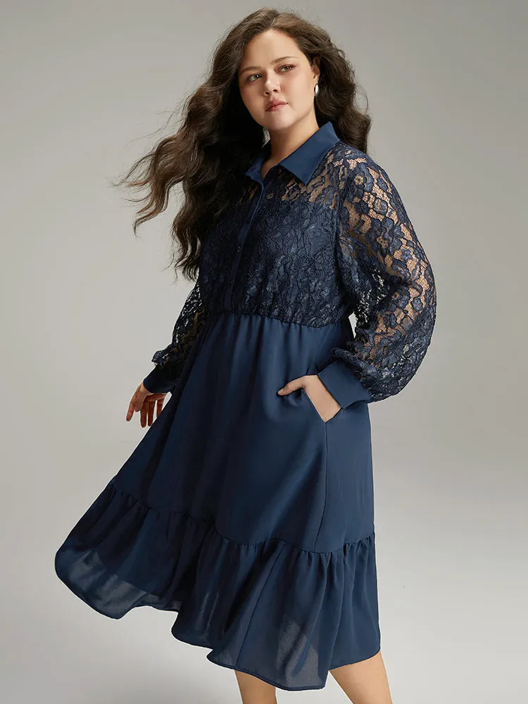 Contrast Lace Shirt Collar Ruffle Hem Dress sold by Bloomchic product image thumbnail 3