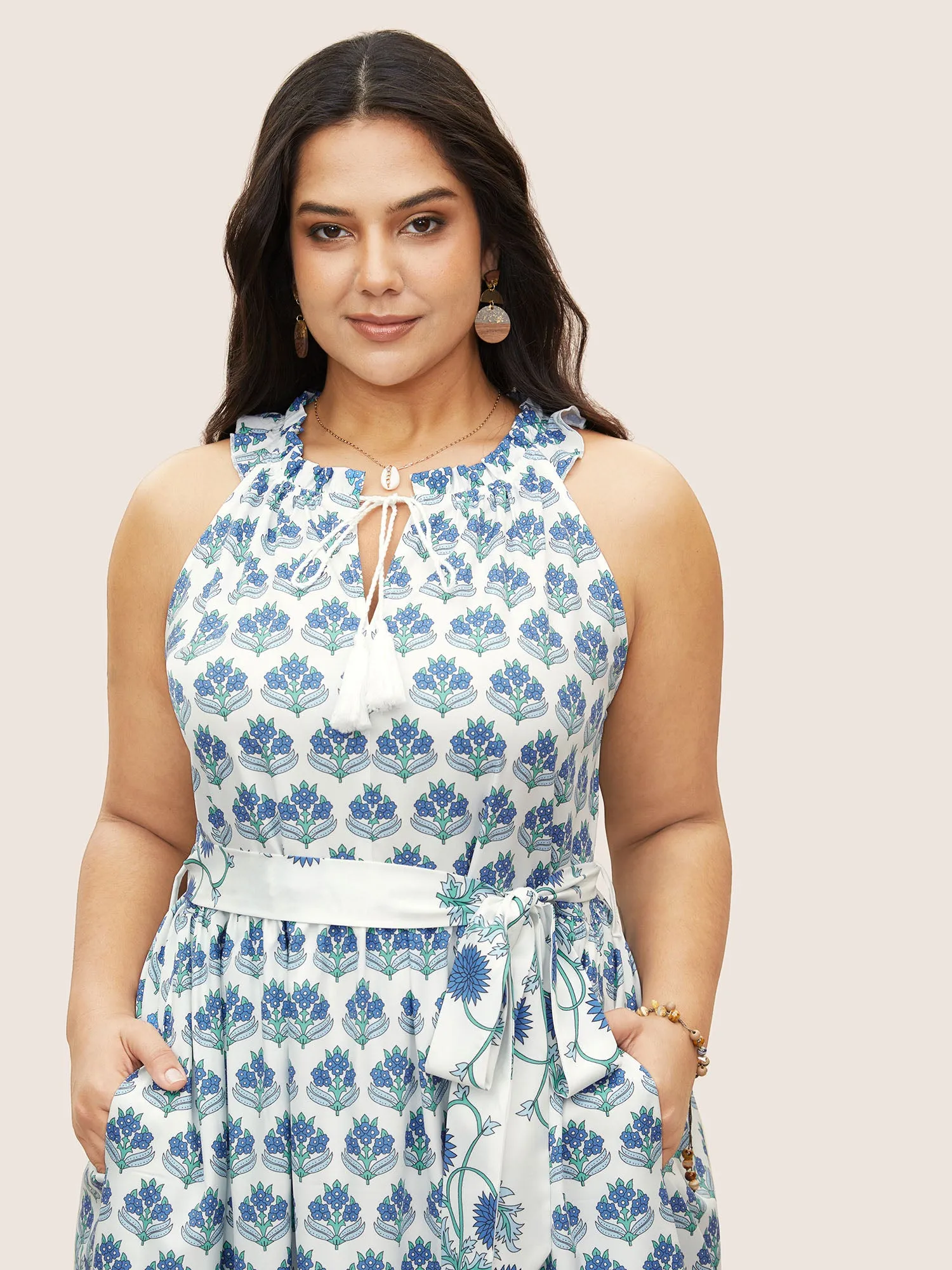 Boho Print Notched Collar Tassel Sleeveless Dress sold by Bloomchic product image thumbnail 2