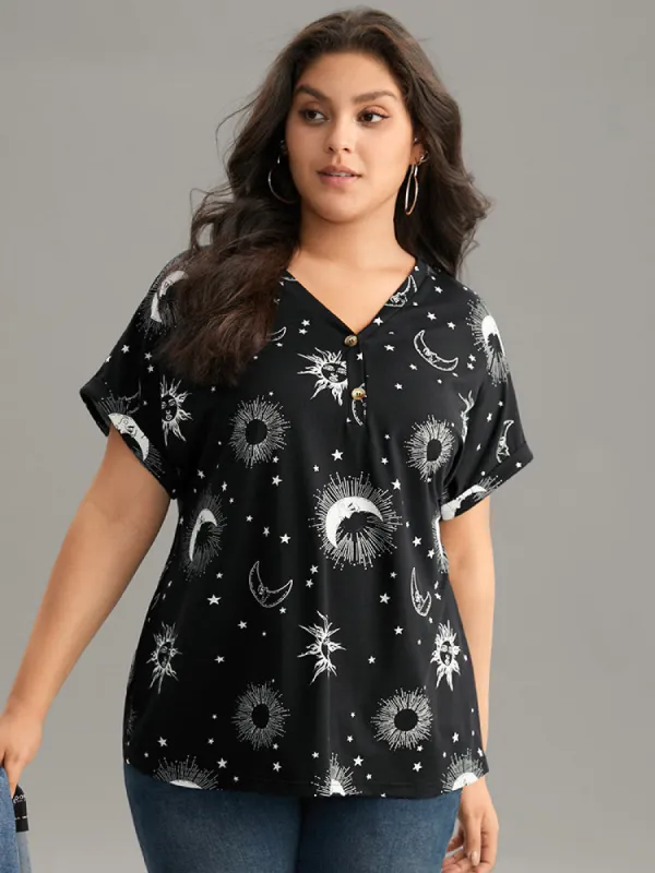 Horoscope Print V Neck Cuffed Dolman Sleeve T-shirt sold by Bloomchic