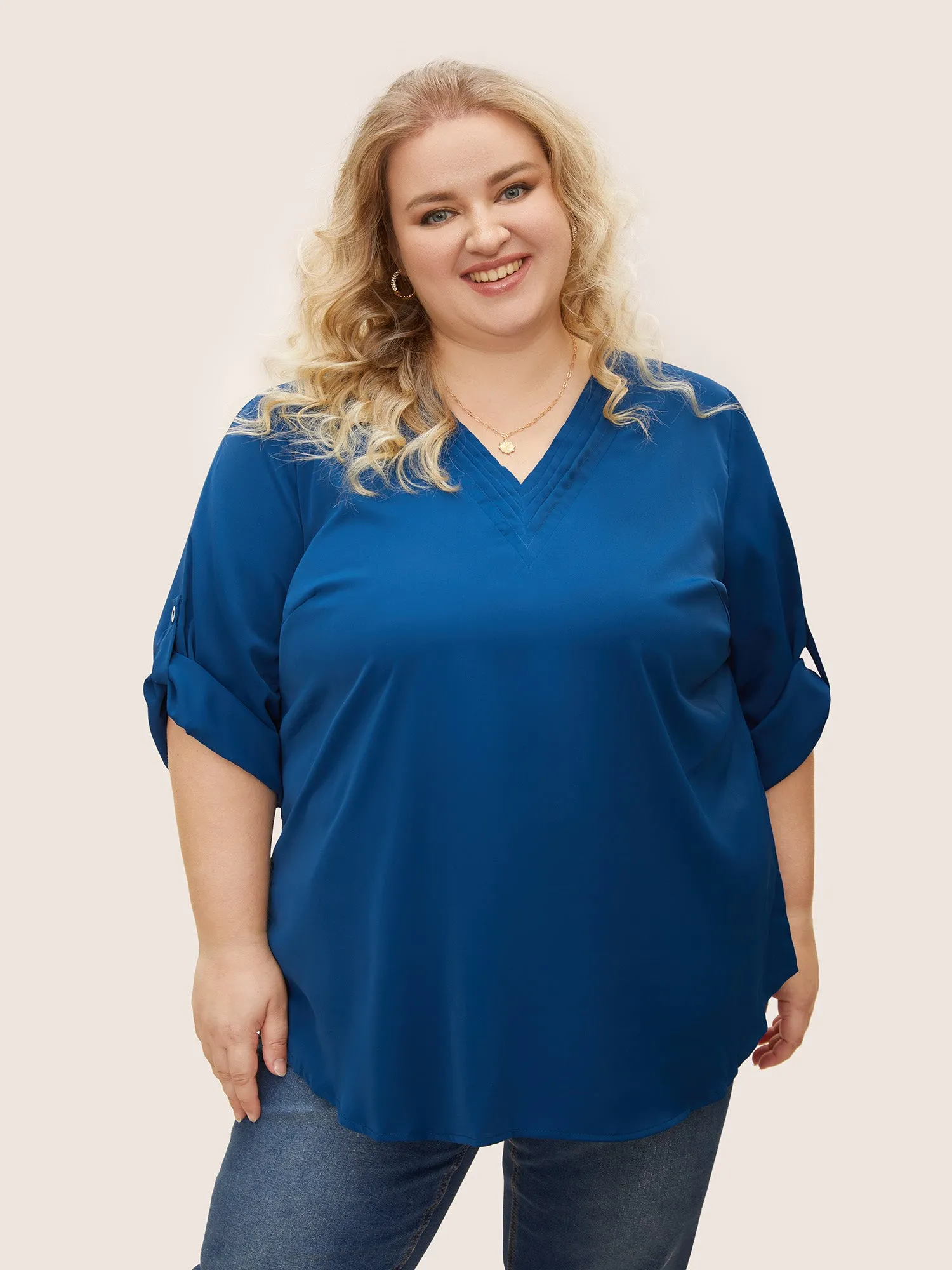 V Neck Plain Pleated Tab Sleeve Blouse sold by Bloomchic product image thumbnail 5