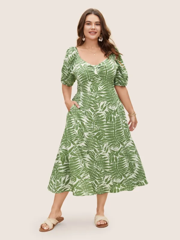 Heart Neckline Tropical Print Ruched Dress sold by Bloomchic