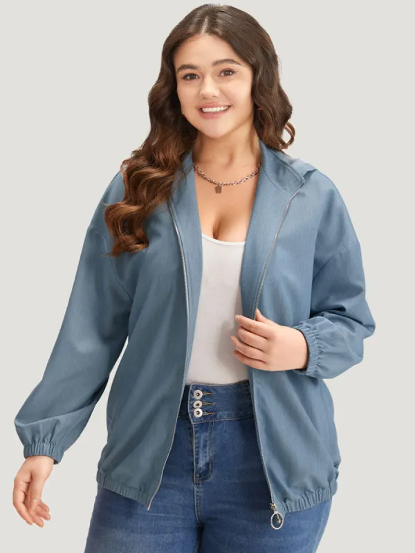 Lapel Collar Hooded Zipper Pocket Elastic Hem Jacket sold by Bloomchic