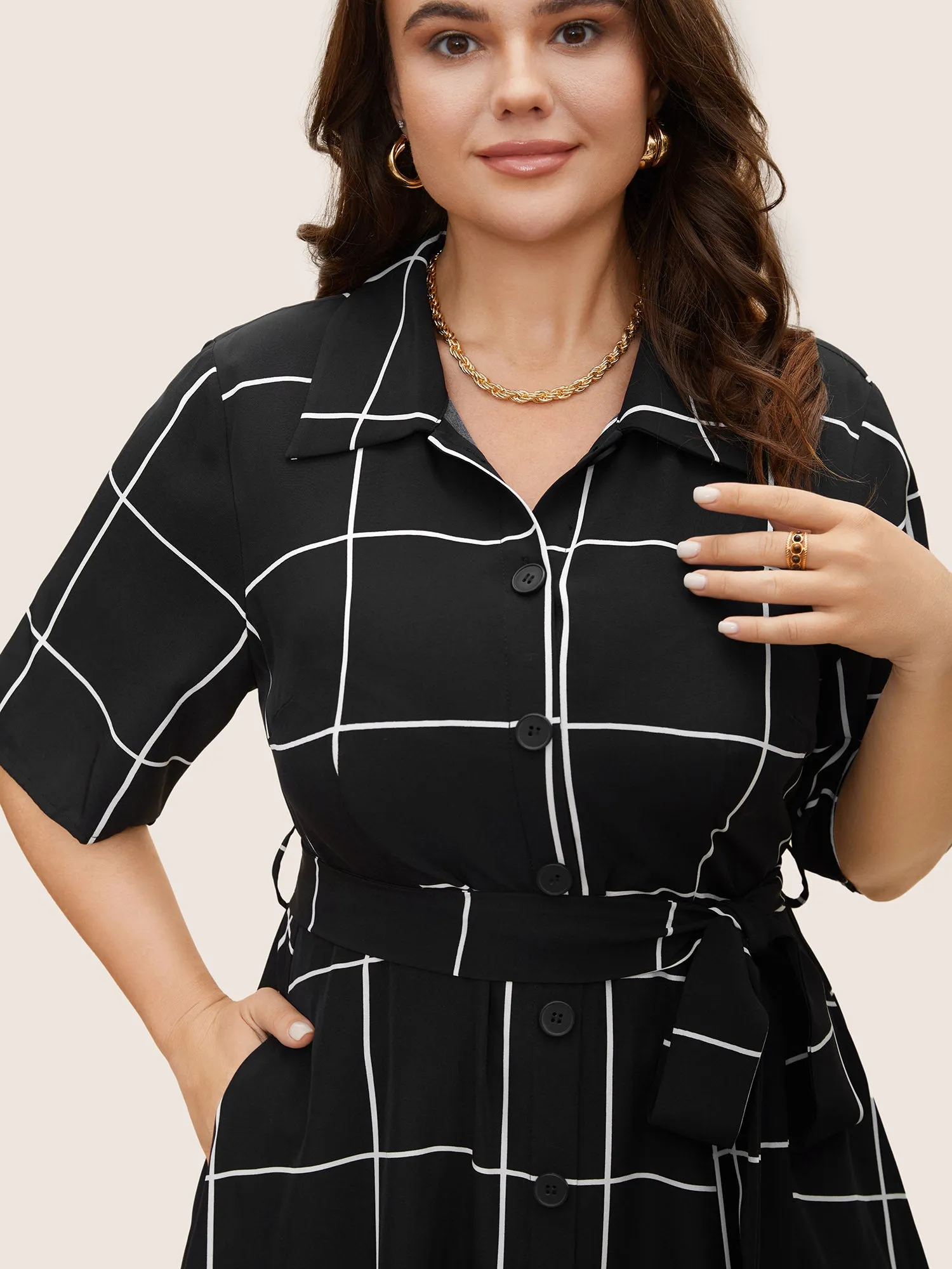 Plaid Shirt Collar Button Detail Belted Dress sold by Bloomchic product image thumbnail 2