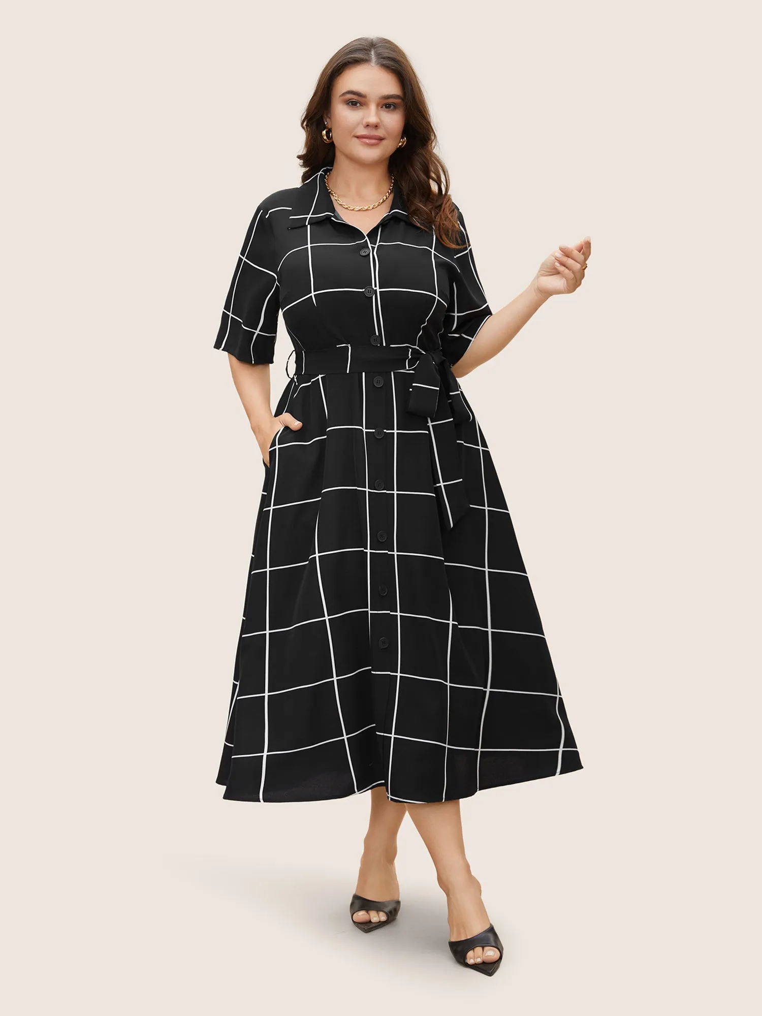 Plaid Shirt Collar Button Detail Belted Dress sold by Bloomchic product image thumbnail 3