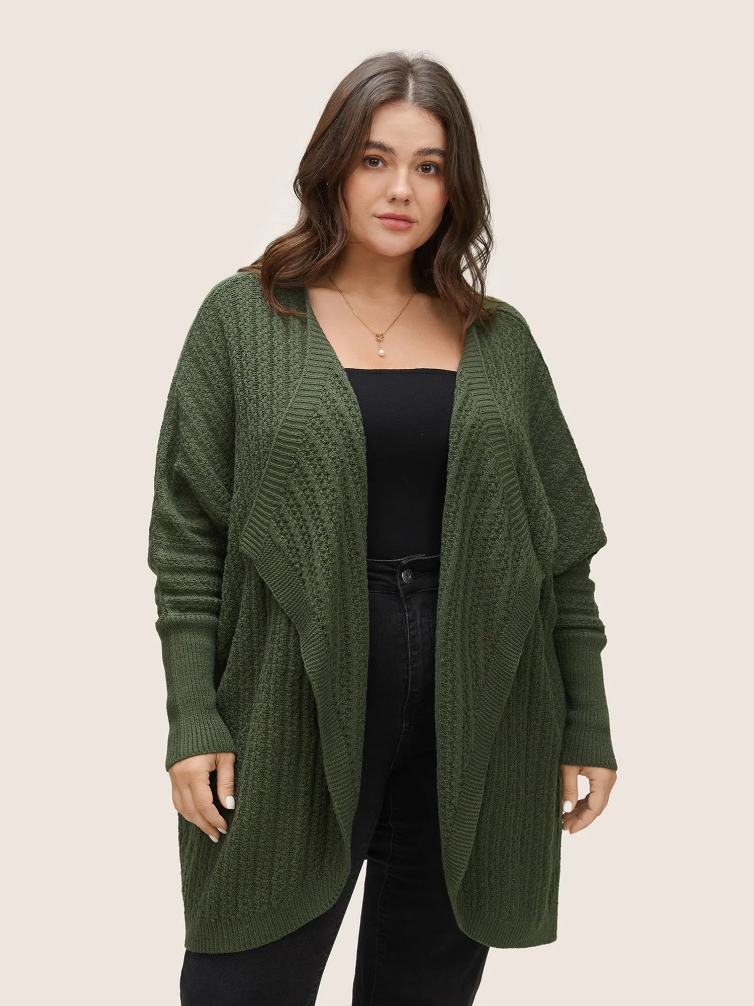 Solid Asymmetrical Neck Batwing Sleeve Cardigan sold by Bloomchic