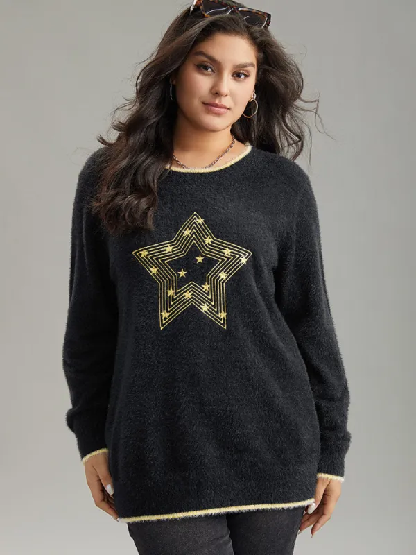 Star Embroidered Contrast Trim Pullover sold by Bloomchic