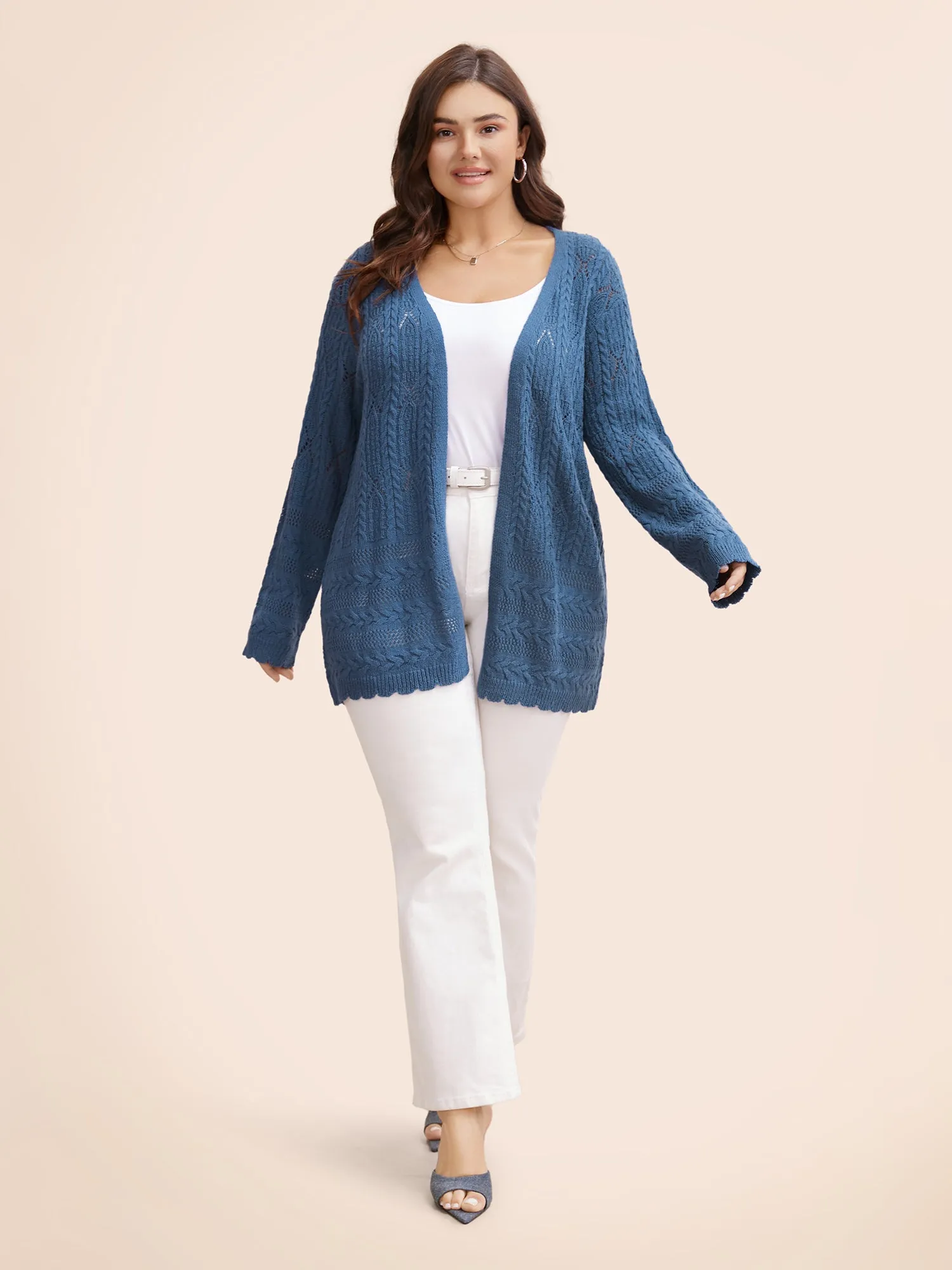 Solid Scalloped Trim Cable Knit Cardigan sold by Bloomchic product image thumbnail 3