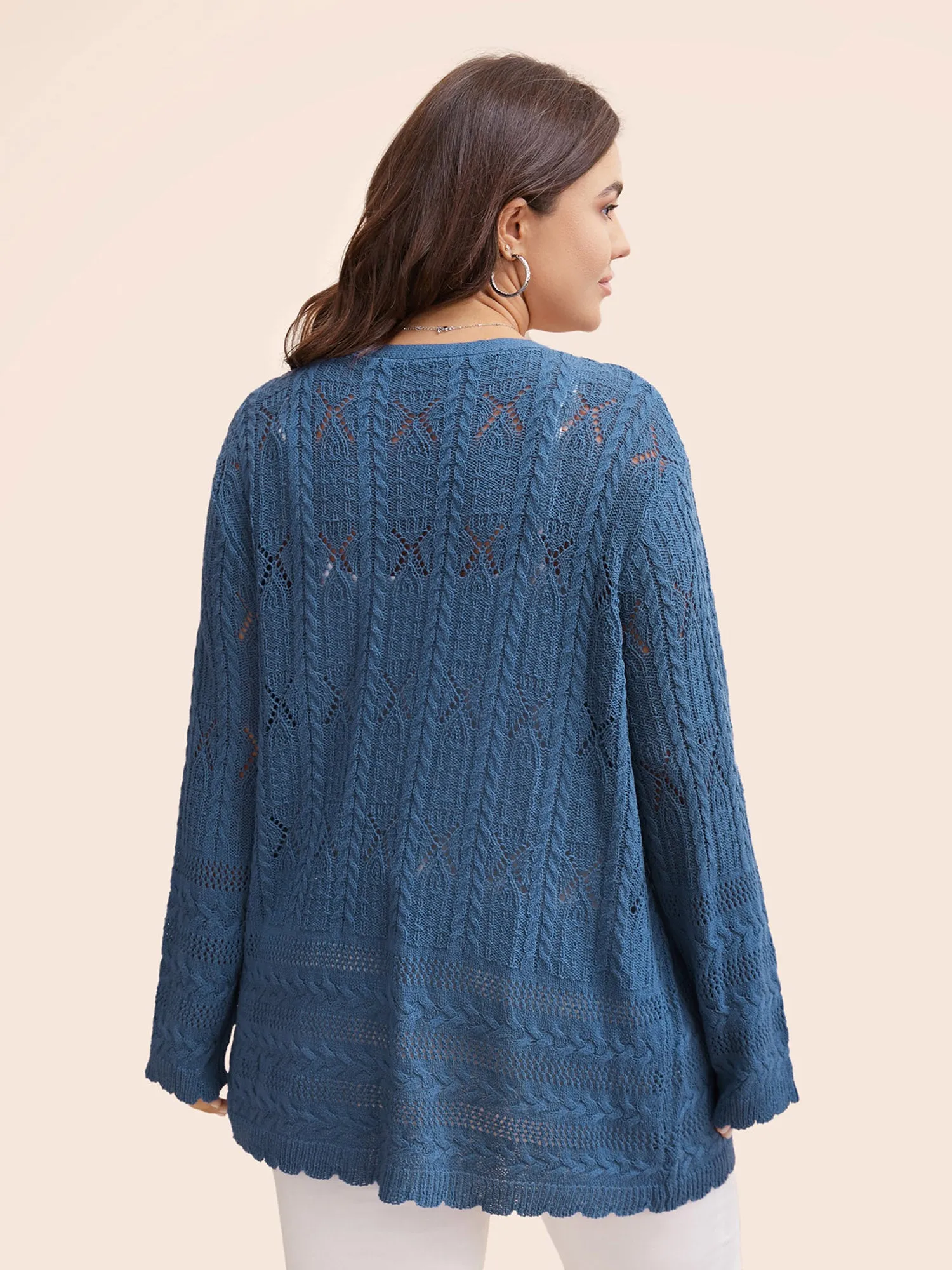 Solid Scalloped Trim Cable Knit Cardigan sold by Bloomchic product image thumbnail 2