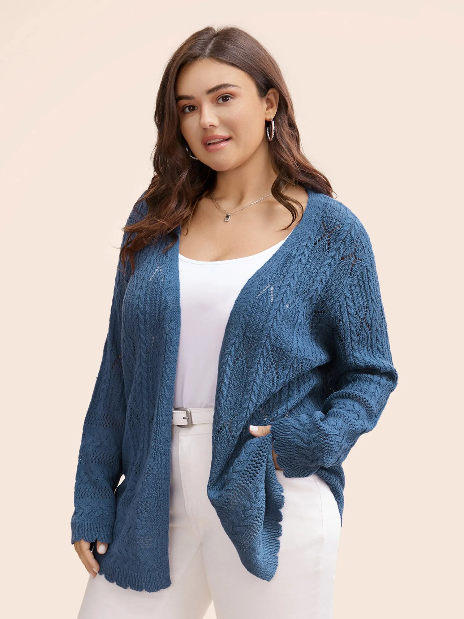 Solid Scalloped Trim Cable Knit Cardigan sold by Bloomchic product image thumbnail 4