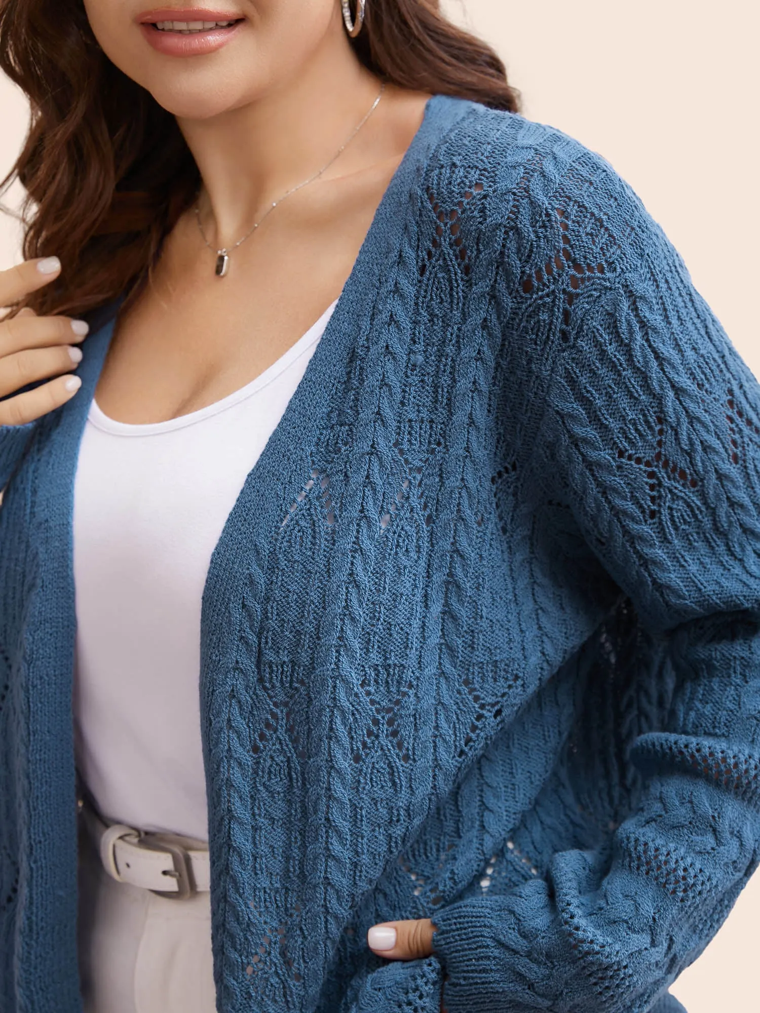 Solid Scalloped Trim Cable Knit Cardigan sold by Bloomchic product image thumbnail 5