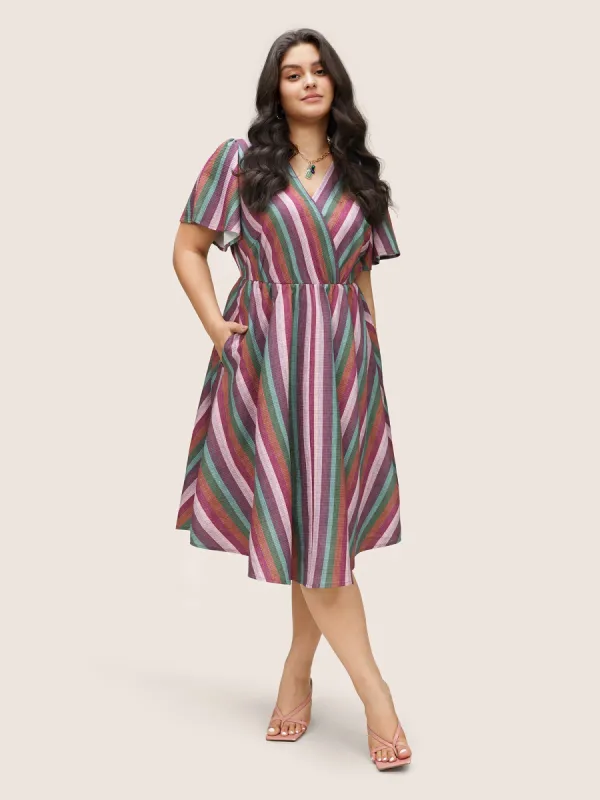 Overlap Collar Striped Ruffle Sleeve Dress sold by Bloomchic