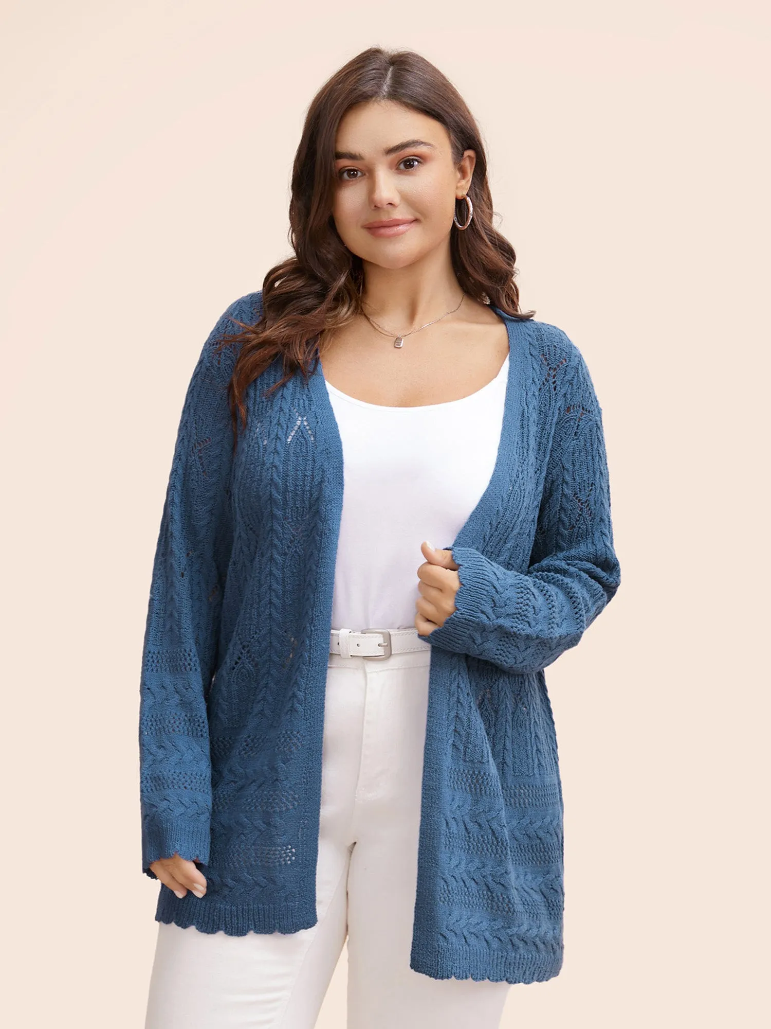 Solid Scalloped Trim Cable Knit Cardigan sold by Bloomchic