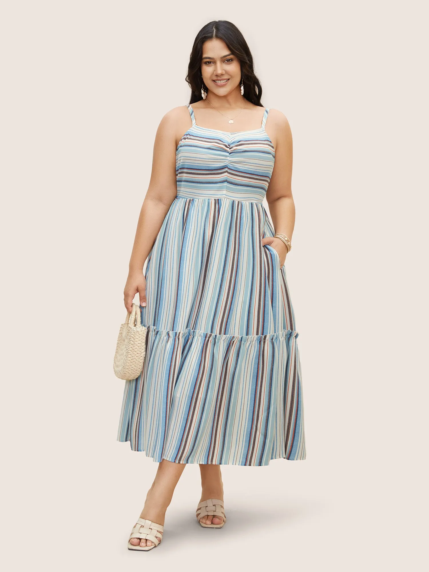 Striped Frill Trim Gathered Maxi Dress sold by Bloomchic