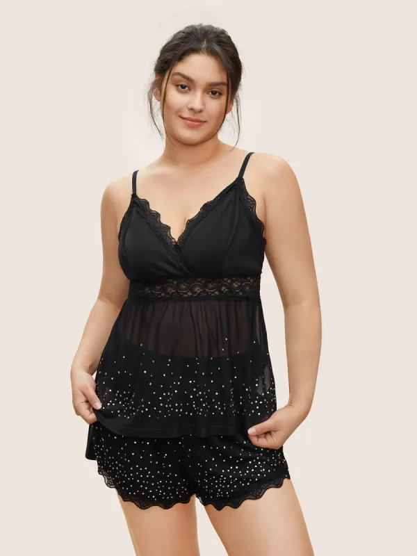 Plain Lace Patchwork Mesh Rhinestone Cami Sleep Top sold by Bloomchic