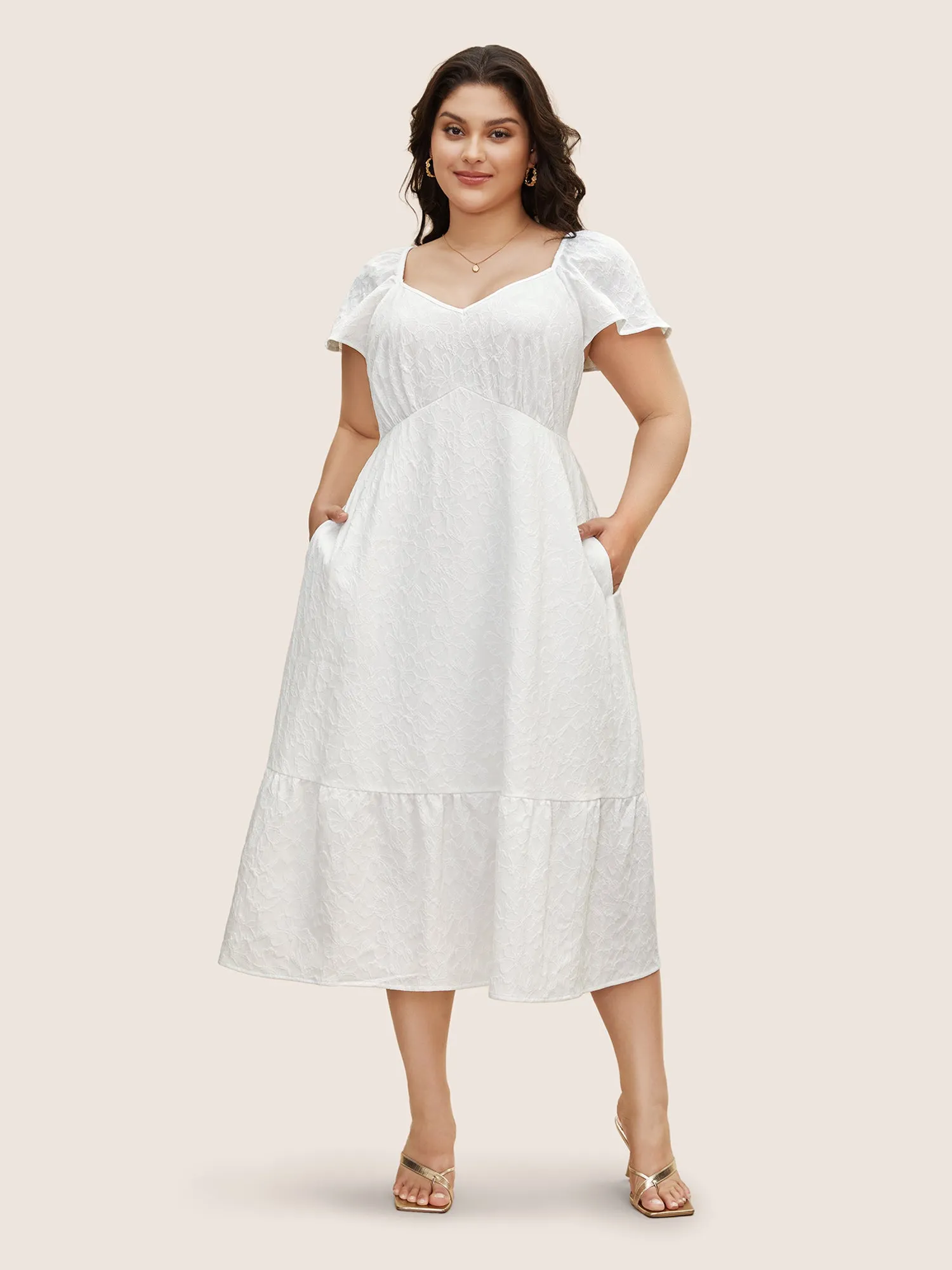 Heart Neckline Jacquard Textured Midi Dress sold by Bloomchic