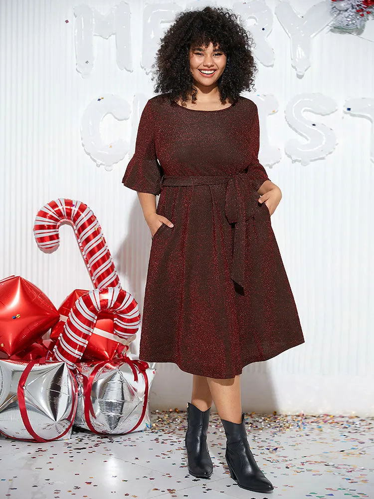 Lurex Belted Flutter Sleeve Dress sold by Bloomchic