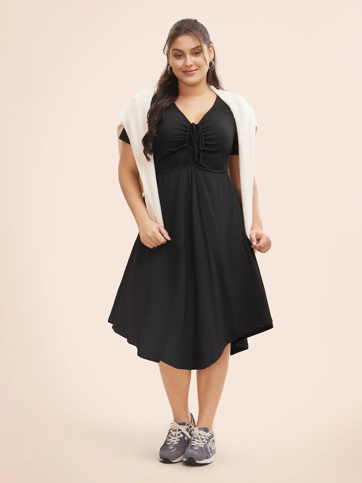 Solid Drawstring Ruched Curved Hem Dress sold by Bloomchic product image thumbnail 2