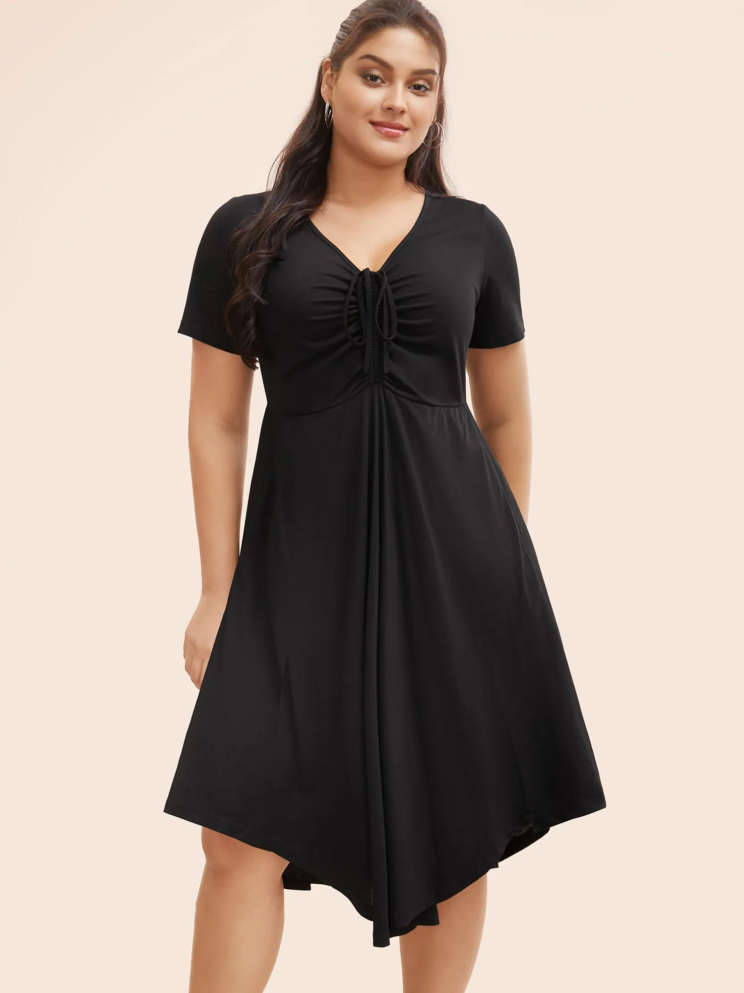Solid Drawstring Ruched Curved Hem Dress sold by Bloomchic
