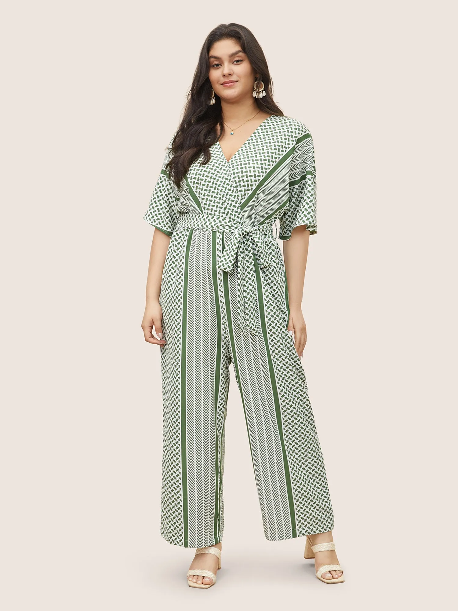 Geometric Contrast Dolman Sleeve Pocket Belted Wrap Jumpsuit sold by Bloomchic product image thumbnail 2