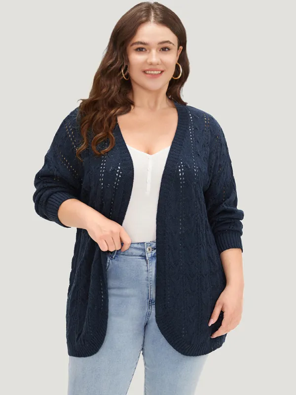 Plain Eyelet Curved Hem Drop Shoulder Cardigan sold by Bloomchic