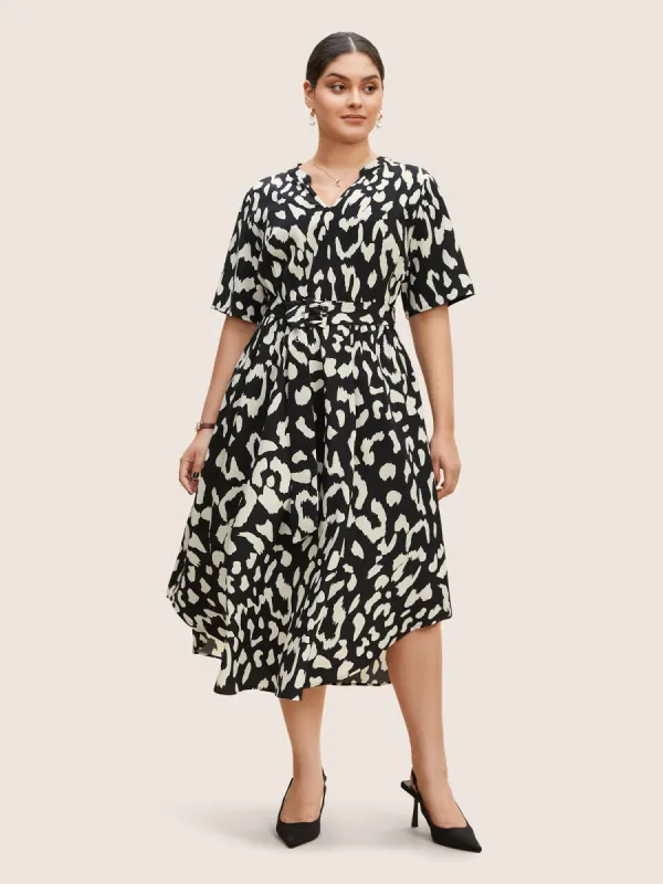 Geometric Notched Belted Arc Hem Dress sold by Bloomchic